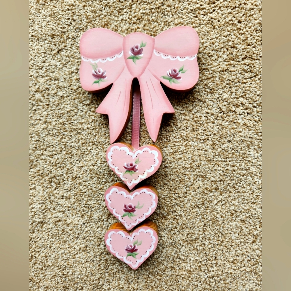 Beautiful Wooden Bow and Hearts Wall Hanging.